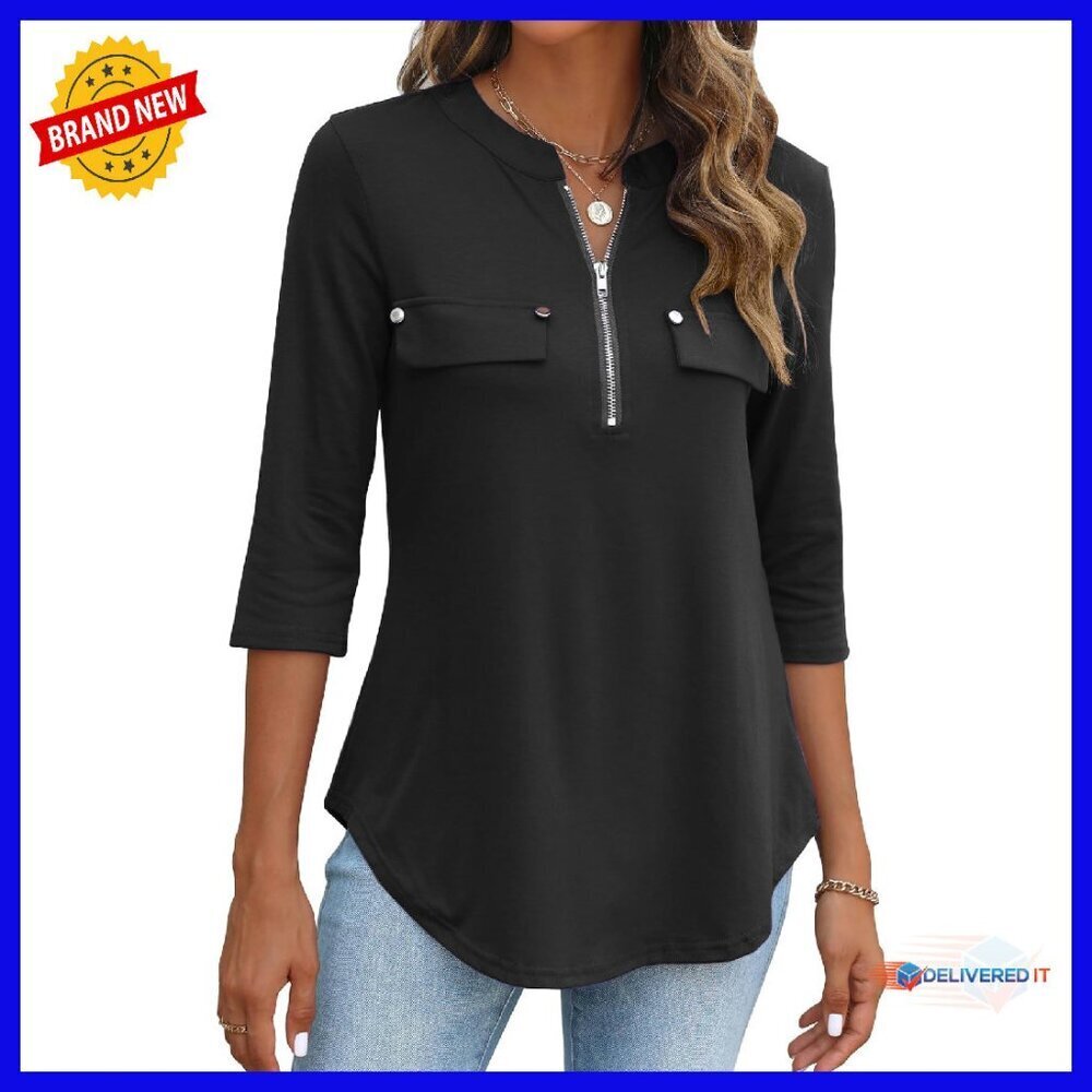 3/4 Sleeve V Neck Tunic Blouse Rayon Work Top Zipper Casual